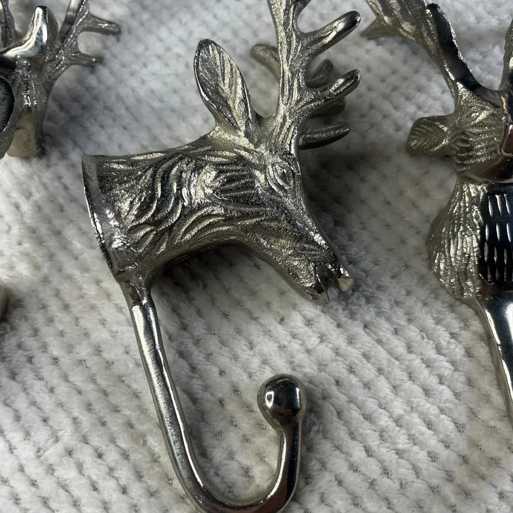 Silver Metal Stag‎ Head Wall Hooks Set of 3 Deer Antler Rustic Lodge Decor